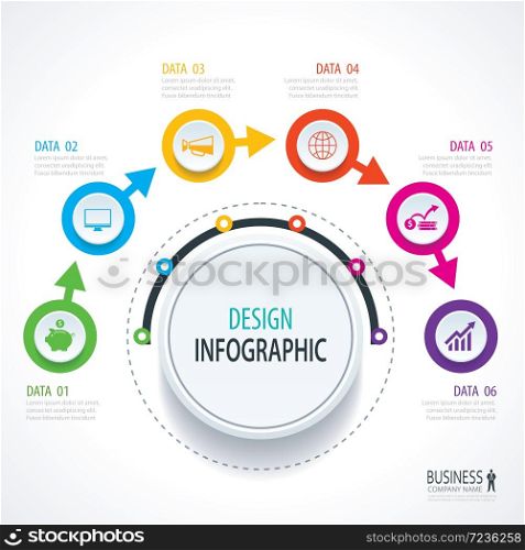 Business timeline infographics with 6 circles steps number options. Can be used for workflow layout, diagram, data, banner, web design.