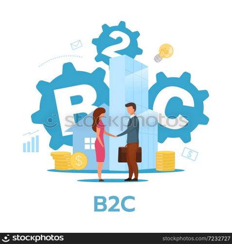 Business-to-consumer model flat vector illustration. B2C concept. Commercial transaction. Selling products, services to end-users. Marketing. Isolated cartoon character on white background. Business-to-consumer model flat vector illustration