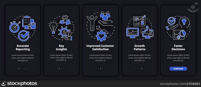 Business tools advantages night mode onboarding mobile app screen. Walkthrough 5 steps graphic instructions pages with linear concepts. UI, UX, GUI template. Myriad Pro-Bold, Regular fonts used. Business tools advantages night mode onboarding mobile app screen