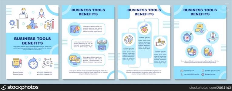 Business tools benefits brochure template. Improve efficiency. Booklet print design with linear icons. Vector layouts for presentation, annual reports, ads. Arial-Black, Myriad Pro-Regular fonts used. Business tools benefits brochure template