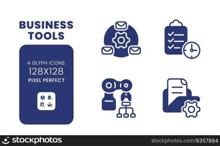 Business tools black solid desktop icons pack. Enterprise development. Process automation. Pixel perfect 128x128, outline 4px. Symbols on white space. Glyph pictograms. Isolated vector images. Business tools black solid desktop icons pack