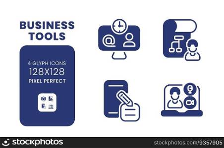 Business tools black solid desktop icons pack. Productivity software. Operations management. Pixel perfect 128x128, outline 4px. Symbols on white space. Glyph pictograms. Isolated vector images. Business tools black solid desktop icons pack