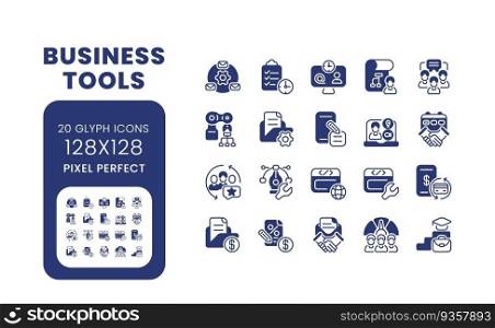 Business tools black solid desktop icons pack. Project management software. Enterprise apps. Pixel perfect 128x128, outline 4px. Symbols on white space. Glyph pictograms. Isolated vector images. Business tools black solid desktop icons pack