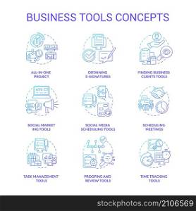 Business tools blue gradient concept icons set. Social marketing idea thin line color illustrations. Scheduling meetings. Isolated outline drawings. Roboto-Medium, Myriad Pro-Bold fonts used. Business tools blue gradient concept icons set
