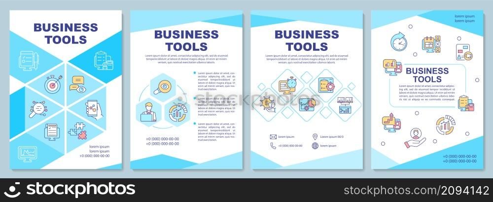 Business tools brochure template. Entrepreneurship. Booklet print design with linear icons. Vector layouts for presentation, annual reports, ads. Arial-Black, Myriad Pro-Regular fonts used. Business tools brochure template