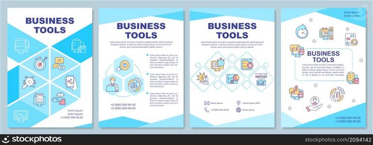 Business tools brochure template. Entrepreneurship. Booklet print design with linear icons. Vector layouts for presentation, annual reports, ads. Arial-Black, Myriad Pro-Regular fonts used. Business tools brochure template
