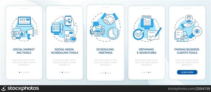 Business tools for entrepreneurs blue onboarding mobile app screen. Walkthrough 5 steps graphic instructions pages with linear concepts. UI, UX, GUI template. Myriad Pro-Bold, Regular fonts used. Business tools for entrepreneurs blue onboarding mobile app screen
