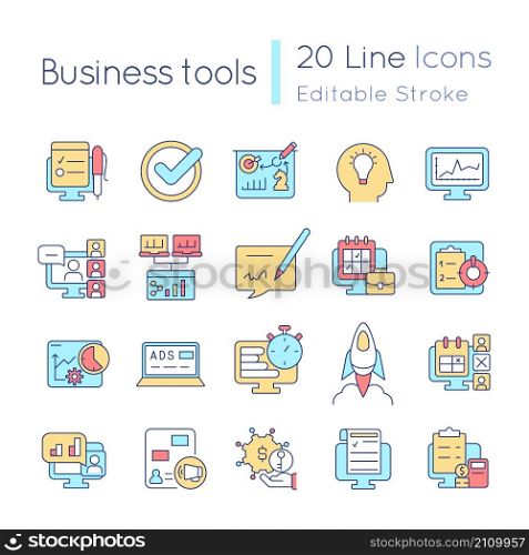 Business tools RGB color icons set. Corporate management. Strategic decision making. Isolated vector illustrations. Simple filled line drawings collection. Editable stroke. Quicksand-Light font used. Business tools RGB color icons set