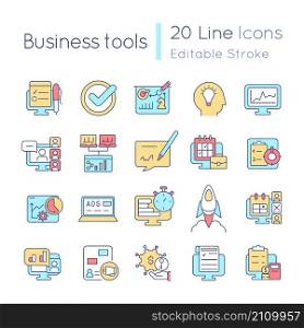 Business tools RGB color icons set. Corporate management. Strategic decision making. Isolated vector illustrations. Simple filled line drawings collection. Editable stroke. Quicksand-Light font used. Business tools RGB color icons set
