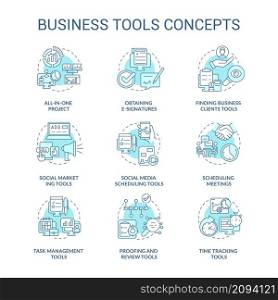 Business tools turquoise concept icons set. Time tracking idea thin line color illustrations. Proofing and review. Isolated outline drawings. Editable stroke. Roboto-Medium, Myriad Pro-Bold fonts used. Business tools turquoise concept icons set