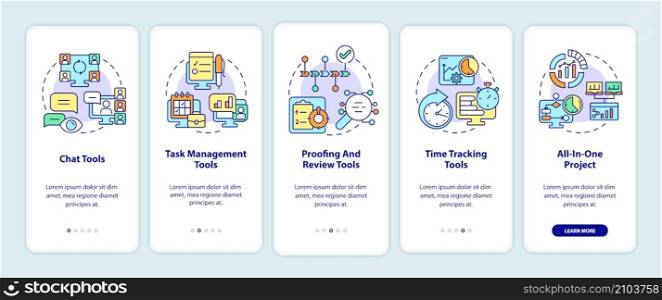 Business tools types onboarding mobile app screen. Chat and time tracking walkthrough 5 steps graphic instructions pages with linear concepts. UI, UX, GUI template. Myriad Pro-Bold, Regular fonts used. Business tools types onboarding mobile app screen