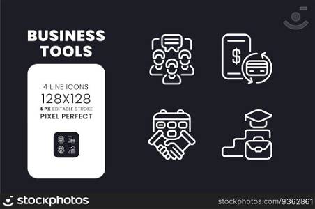 Business tools white linear desktop icons on black. Communication software. Productivity improvement. Pixel perfect 128x128, outline 4px. Isolated interface symbols pack for dark mode. Editable stroke. Business tools white linear desktop icons on black