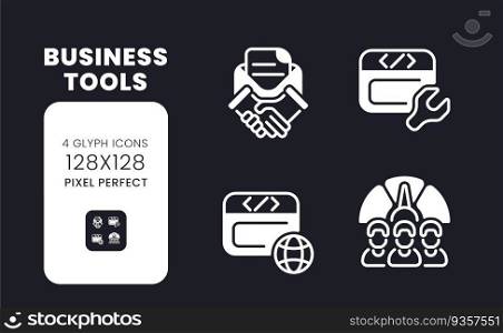 Business tools white solid desktop icons set. Computer technology. Collaboration software. Pixel perfect 128x128, outline 4px. Symbols for dark theme. Glyph pictograms. Vector isolated images. Business tools white solid desktop icons set