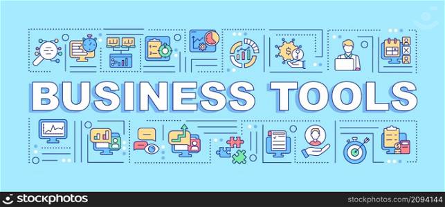 Business tools word concepts turquoise banner. BI software. Infographics with linear icons on background. Isolated typography. Vector color illustration with text. Arial-Black font used. Business tools word concepts turquoise banner