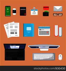 Business top view. Finance topping stuff office organization items laptop books paper workspace vector flat pictures. Illustration of business office table, paperwork and calculation. Business top view. Finance topping stuff office organization items laptop books paper workspace vector flat pictures
