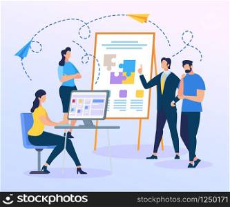 Business Trainer Presentation of Colorful Puzzle Pieces on Flip Board. People Work on Team Building. Creation of Successful Project. Men and Women Characters Working Together. Flat Vector Illustration. Men and Woman Characters Work Together on Project