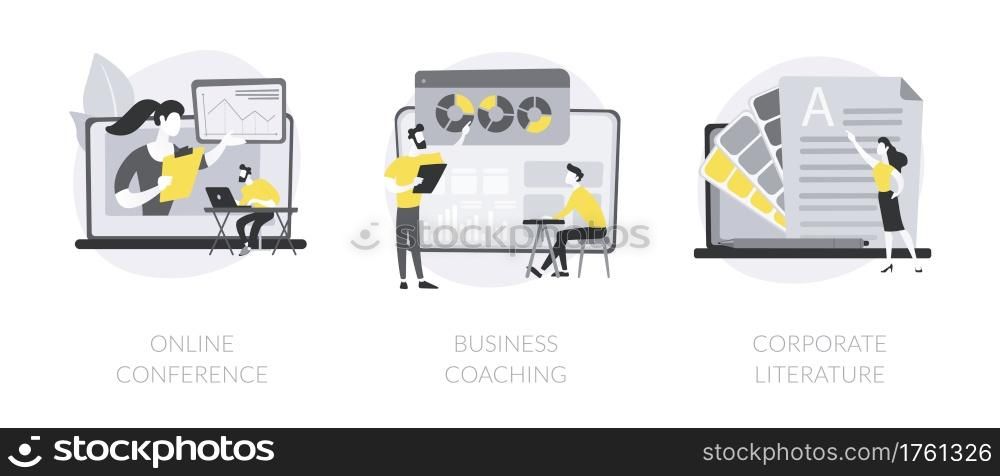 Business training abstract concept vector illustration set. Online conference, business coaching and mentoring, corporate literature, digital meetup, brand newsletter, success abstract metaphor.. Business training abstract concept vector illustrations.