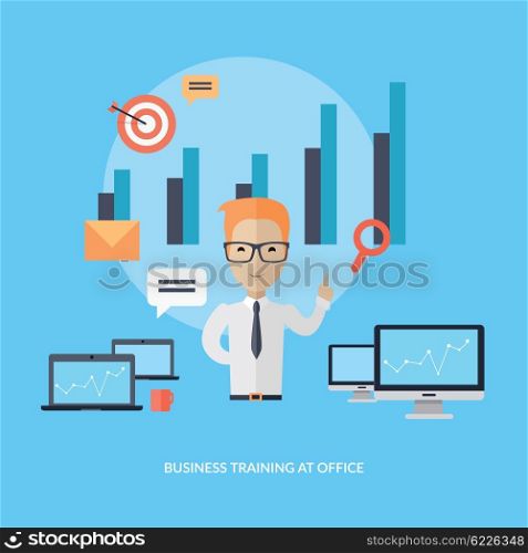 Business training at office banner. Banner successful young man with glasses mentor consultant, coaching and shows business charts and graphs. Success growth data information. Vector illustration