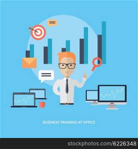 Business training at office banner. Banner successful young man with glasses mentor consultant, coaching and shows business charts and graphs. Success growth data information. Vector illustration
