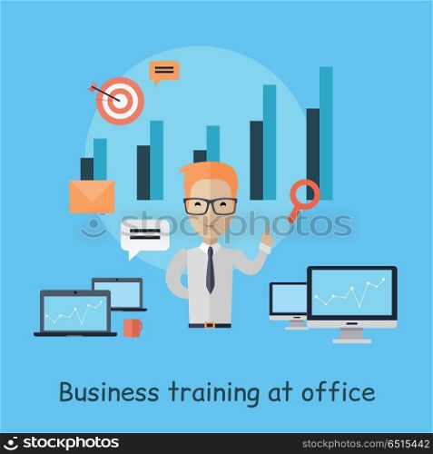 Business Training at Office Banner.. Business training at office banner. Successful young man in glasses. oaching consultant shows business charts and graphs. Part of series of developing successful leadership in team working. Vector