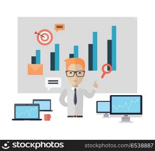 Business Training Concept. Business training at office banner. Banner successful young man with glasses mentor consultant, coaching and shows business charts and graphs. Success growth data information. illustration