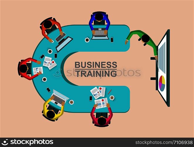Business training concept. Corporate staff training. business meeting and Planning decisions show top view. illustration cartoon vector
