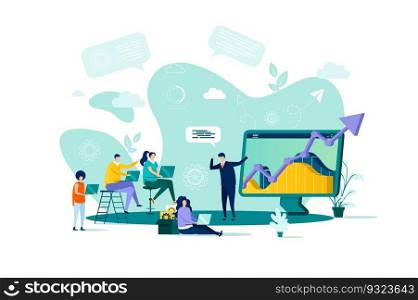 Business training concept in flat style. Businessman making presentation with charts to his colleagues scene. Career development banner. Vector illustration with people characters in work situation.. Business training concept in flat style.