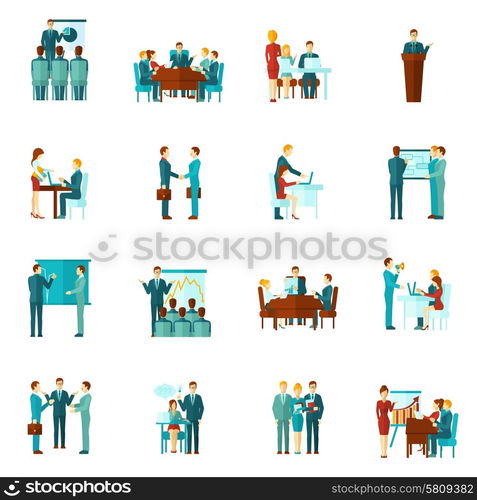 Business training conference and presentation flat icons set isolated vector illustration. Business Training Flat Icons