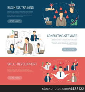 Business Training Consulting Horizontal Banners Set. Business skill development training and consulting services website design 3 horizontal flat banners abstract isolated vector illustration