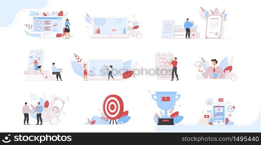 Business Training Courses and Consulting Institute Programs Working Cartoon People Characters Set. Successful Targeting and Marketing, Financial Growth and Strategy Planning. Vector Flat Illustration. Business Courses and Consulting Program People Set