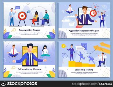 Business Training Courses for Leaders and Self-Development Flat Banner Set. Concentration, Aggression Suppression, Self-Monitoring, Leadership Program. Online Coaching. Vector Cartoon Illustration. Leaders Business Training, Self-Development Set