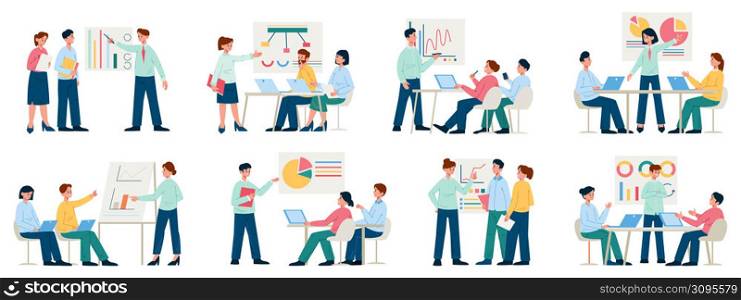 Business training courses, teamwork presentation, office study process. Studying, business coaching and training vector illustration set. Teamwork, brainstorming scenes business teamwork training. Business training courses, teamwork presentation, office study process. Studying, business coaching and training vector illustration set. Teamwork, brainstorming scenes