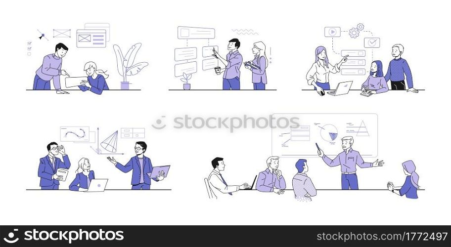 Business training. Educational courses for businessman. Cartoon people teaches office workers, shows diagrams on whiteboard. Men and women communicate in groups. Vector isolated workflow scenes set. Business training. Educational courses for businessman. People teaches office workers, shows diagrams on whiteboard. Men and women communicate in groups. Vector workflow scenes set