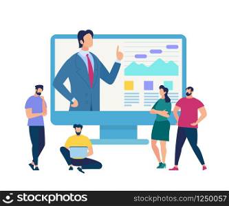 Business Training Event, Remote Corporate Teaching, Meeting Learn People Webinar Online Manager Conference at Computer. Leadership Finance Employee Training Session Cartoon Flat Vector Illustration. Business Training Event, Remote Corporate Teaching