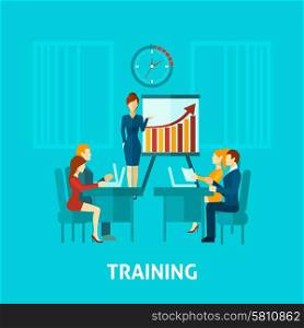 Business training flat icon with businessmen in office and speaker making presentation vector illustration. Business Training Flat Icon