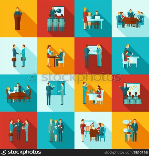 Business training icons flat set with presentation and seminar for workers symbols isolated vector illustration. Business Training Icons Flat Set