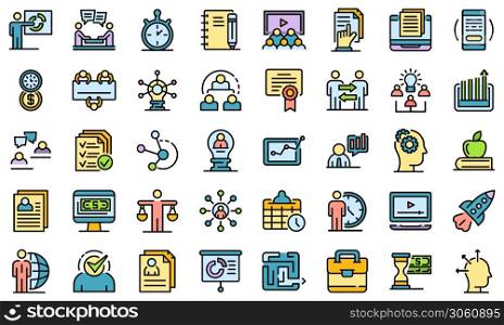 Business training icons set. Outline set of business training vector icons thin line color flat on white. Business training icons set vector flat
