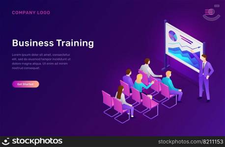 Business training isometric concept vector illustration. Corporate seminar, conference or staff training, speaker gives presentation near board with graphs, employees sit on chairs in auditorium. Business training isometric concept, seminar