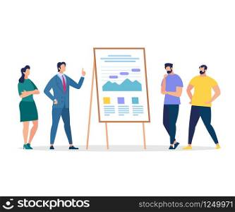 Business Training. Listeners and Coach Presentation at Chart Board for Office Workers. Education of Personnel, Professional Conference, Learning and Improving Skills Cartoon Flat Vector Illustration. Listeners and Coach Presentation at Chart Board
