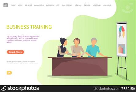 Business training of workers, whiteboard and charts vector. Infographics with explanation on board, company seminar conference of people learning. Website or webpage template landing page in flat. Business Training of Workers Whiteboard and Charts