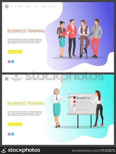 Business training, people discussing company problems and finding ways to solve vector. Seminar and presentation by businesswomen. Workers in Office. Business Training, People Discussing Problems