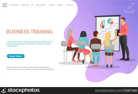 Business training, people on meeting listening to reporter near board with graphs and charts. Vector web poster with coworkers on chairs, back view. Business Training People Meeting Listen Reporter