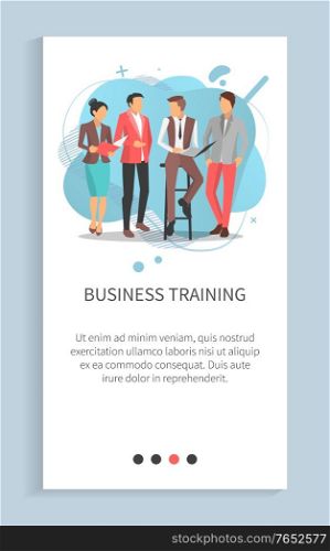 Business training, portrait view of people holding report and discussion, employee sitting on chair, workers wearing suit, brainstorming vector. Website or app slider, landing page flat style. Man and Woman Workers Business Training Vector