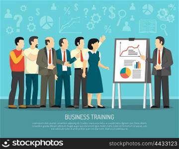Business Training Program Class Flat Illustration . Business development training course for company employees flat poster with diagrams and graphics presentation abstract vector illustration