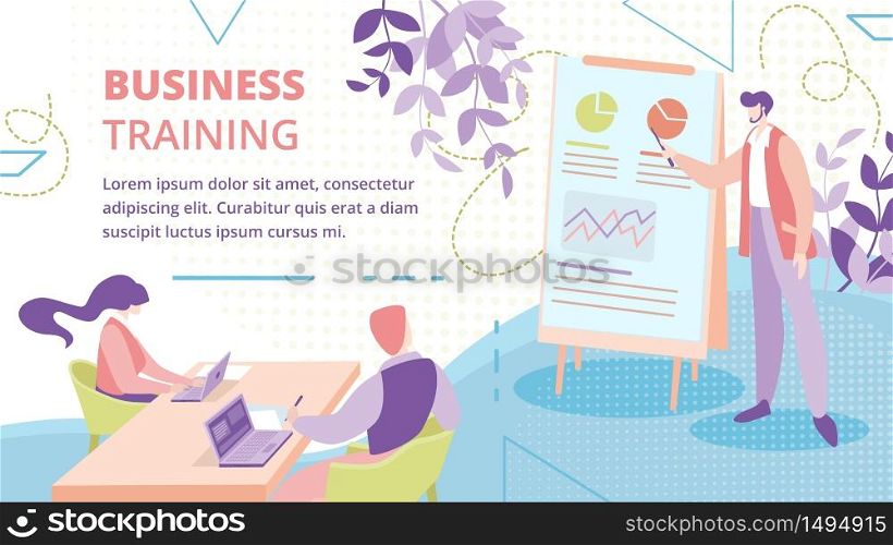 Business Training, Qualification, Skills Improving Course for Businesspeople Flat Vector Advertising Banner or Poster Template. Business Expert or Lecturer Teaching Employees in Office Illustration