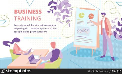 Business Training, Qualification, Skills Improving Course for Businesspeople Flat Vector Advertising Banner or Poster Template. Business Expert or Lecturer Teaching Employees in Office Illustration