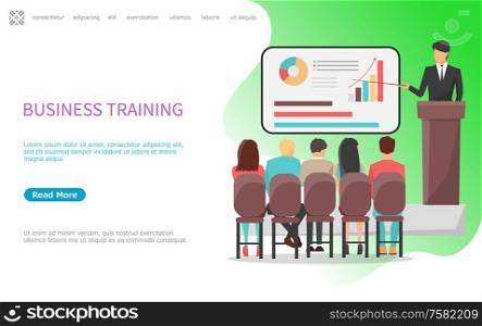 Business training seminar and conference in office vector. Businessman with presentation on whiteboard, explaining main concepts and new solutions. Website or webpage template landing page in flat. Business Training Seminar Conference in Office