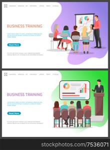 Business training seminar for people office workers vector. Presentation on whiteboard, presenter with infographics, explanation of concept ideas. Business Training Seminar People Office Workers