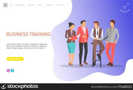 Business training seminars with workers, talking part at conference discussions and competitions. Men and women in office style standing with papers vector. Business Training Seminars With Workers Vector