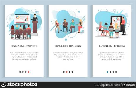 Business training set, man and woman discussing, conference and chart report, worker character brainstorming, employee cooperation, meeting vector. People on seminar. App slider, landing page flat. Workers Discussing, Business Cooperation Vector
